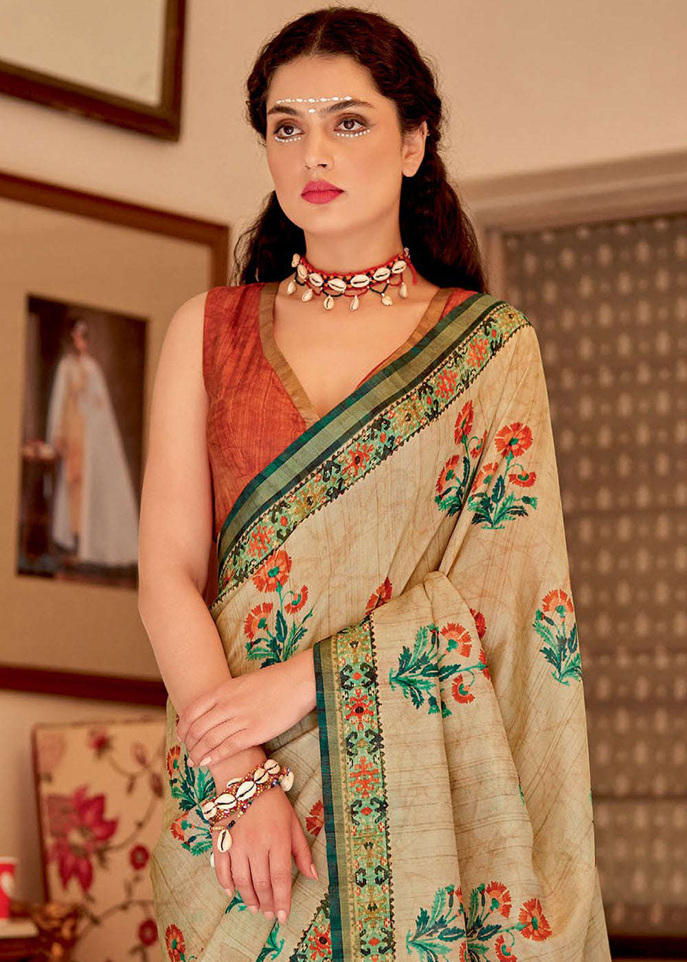 Maize Cream Banarasi Printed Silk Saree