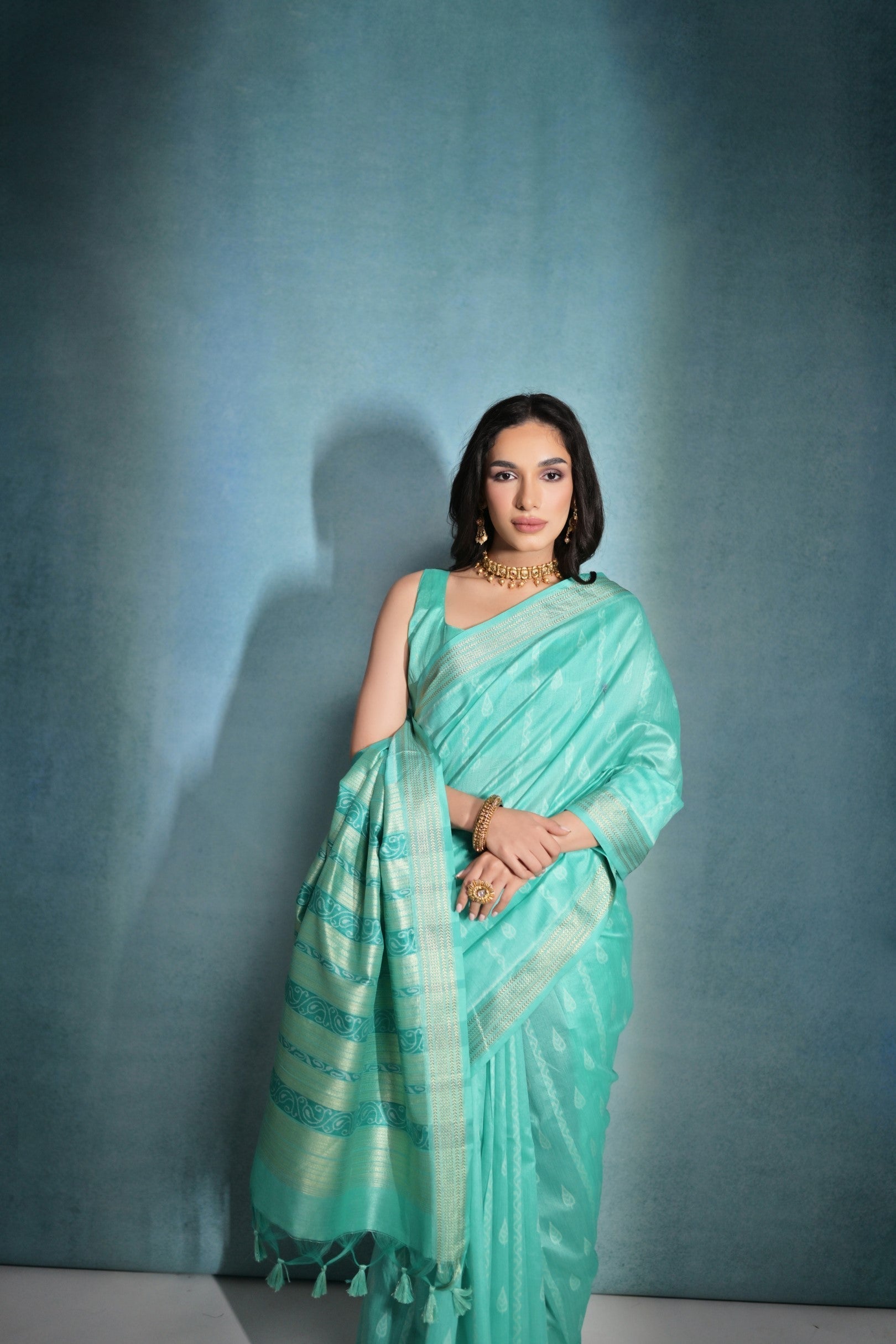 Tradewind Blue Ikkat Woven Raw Silk Saree