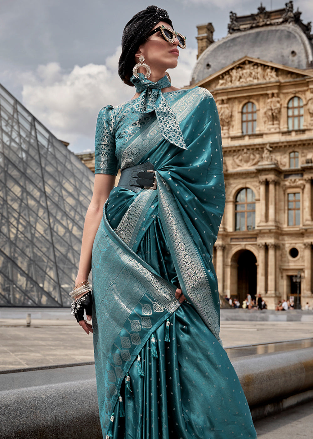 Patina Blue Woven Banarasi Satin Silk Saree