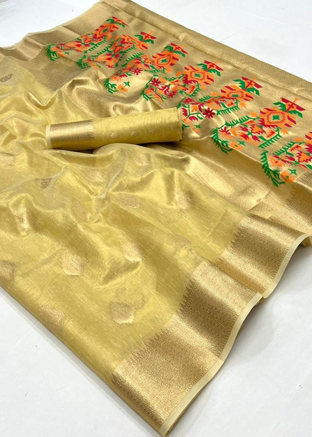 Lemon Chiffon Yellow Handloom Tissue Silk Saree