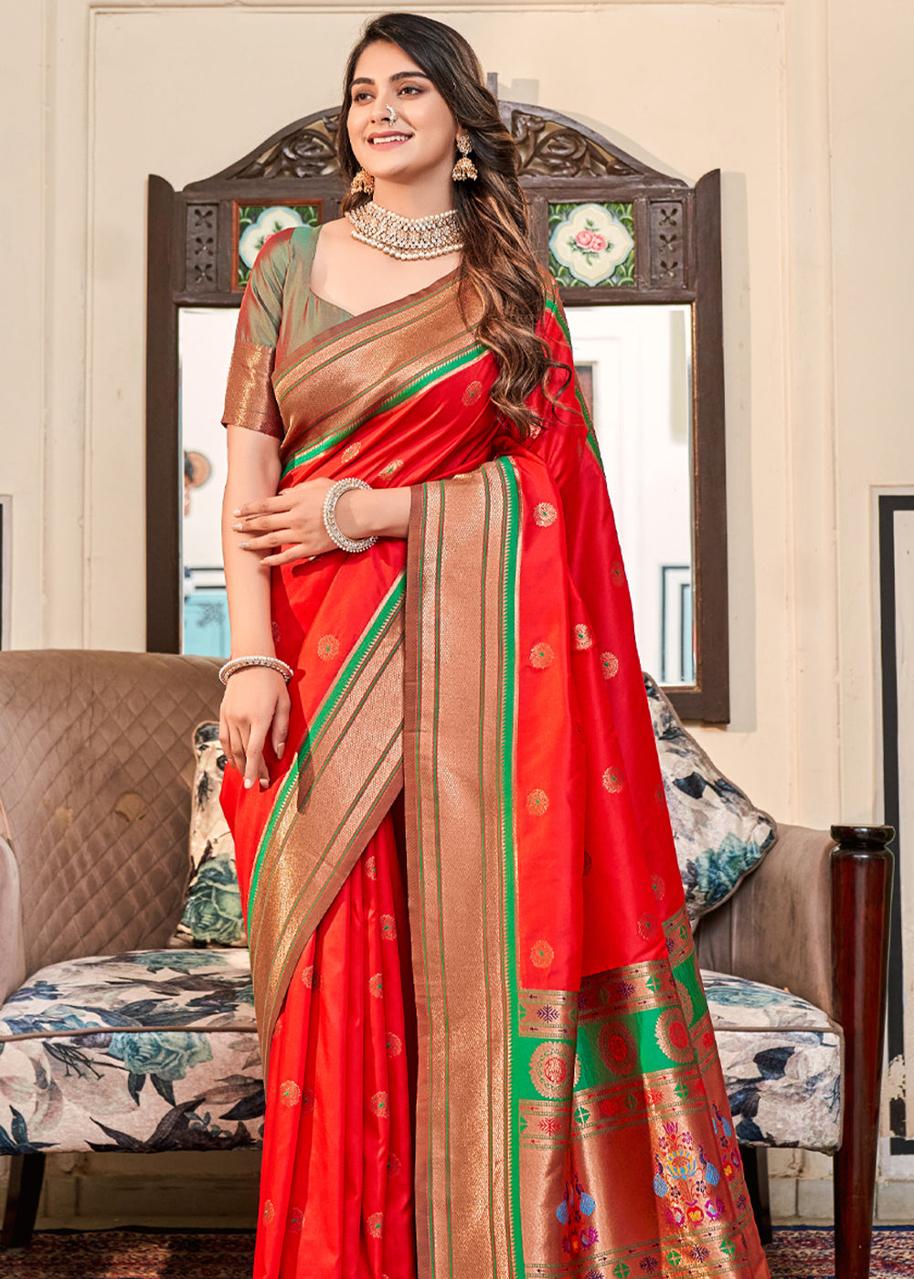 Candy Apple Red Woven Paithani Soft Silk Saree