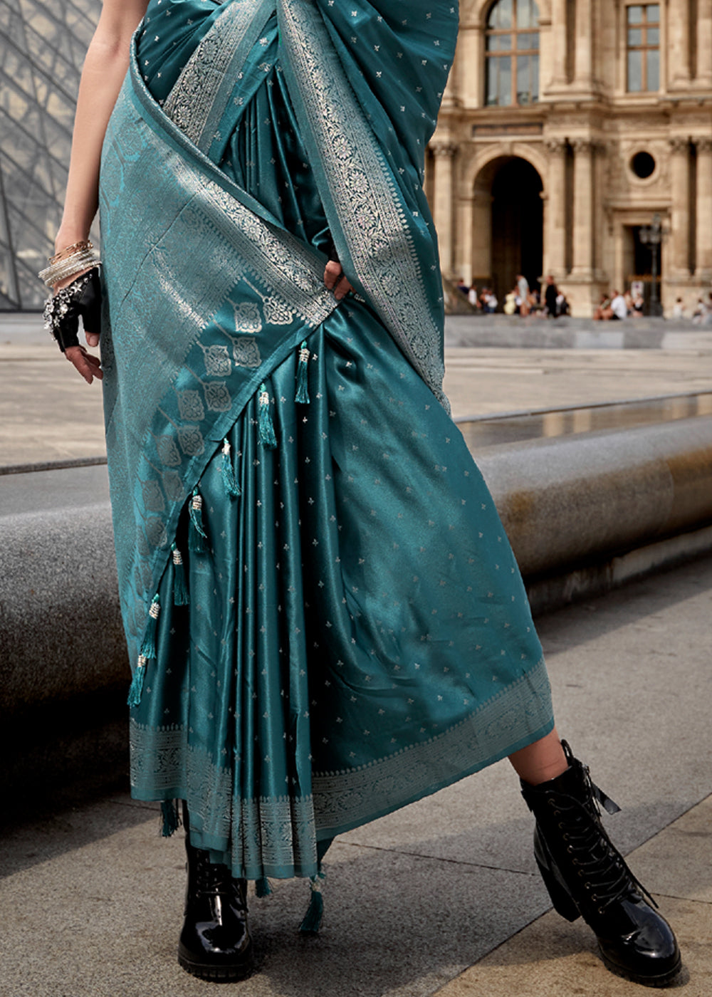 Patina Blue Woven Banarasi Satin Silk Saree