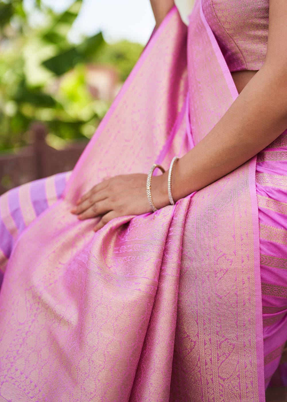 Shocking Pink Woven Lehriya Georgette Saree