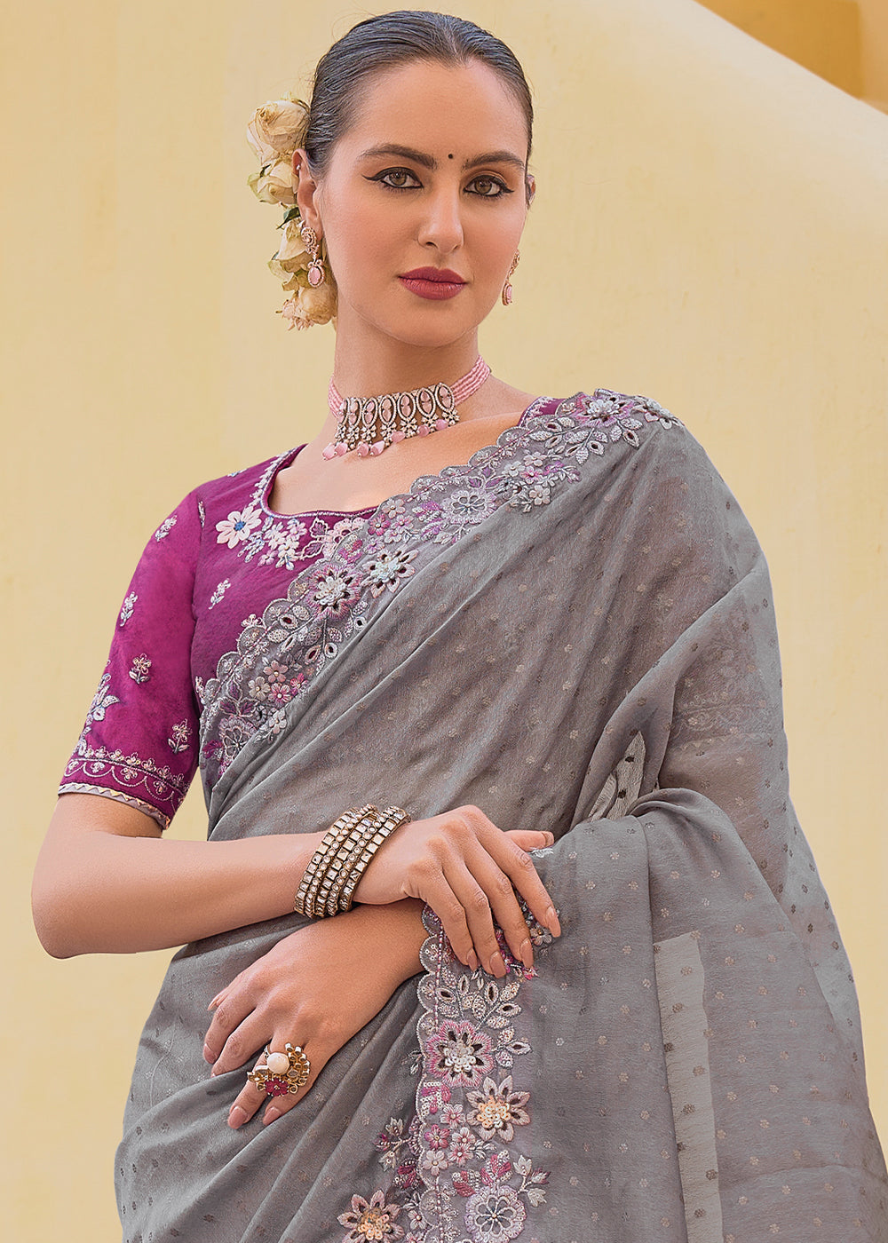 Hurricane Grey Tissue Organza Embroidered Silk Saree