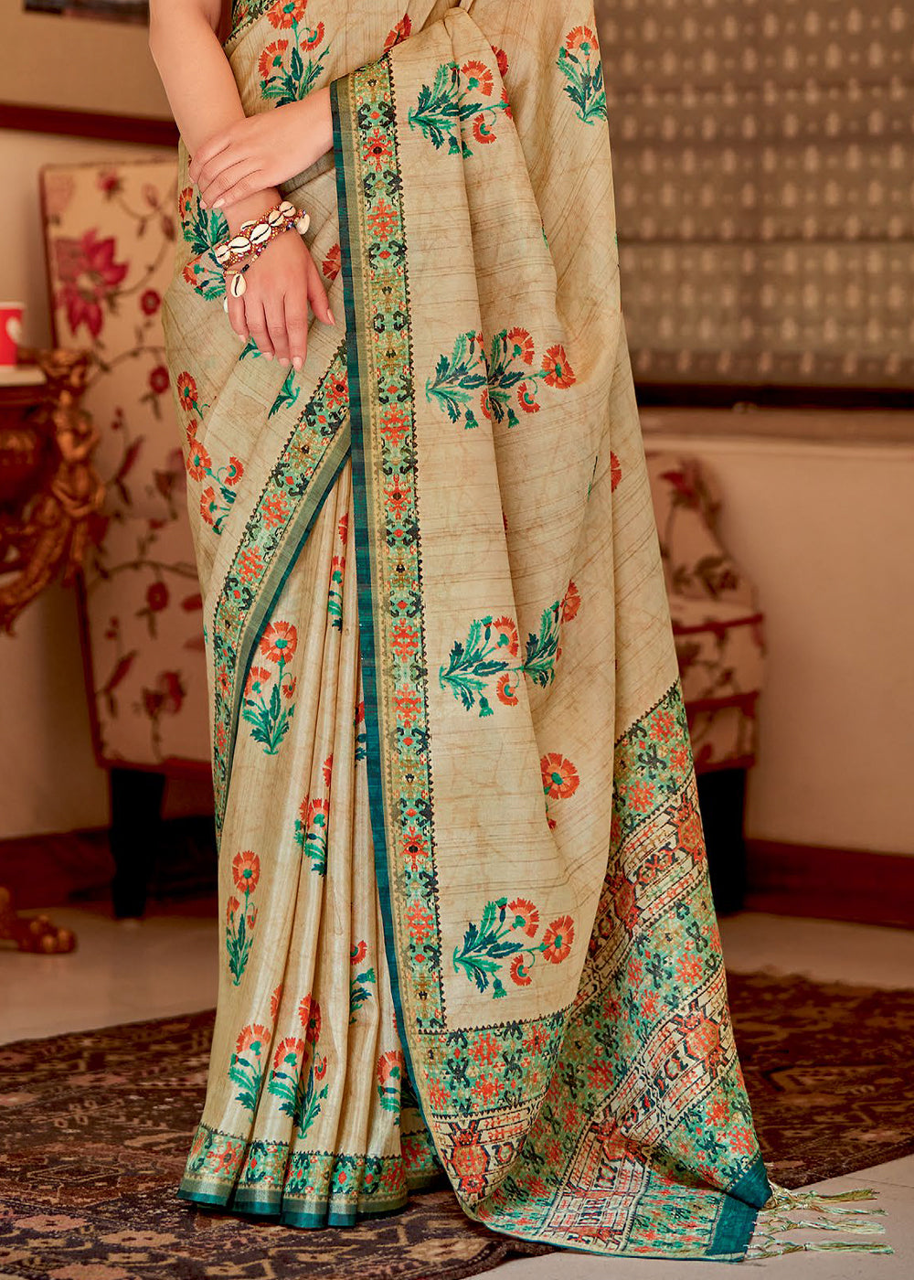 Maize Cream Banarasi Printed Silk Saree