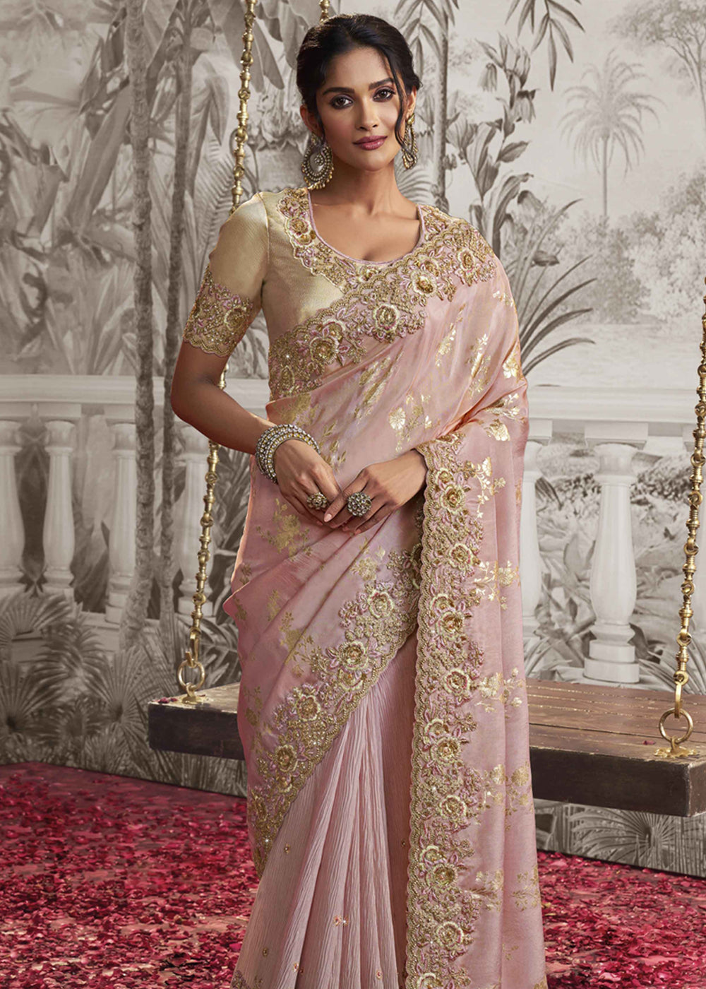 Crepe Pink Embroidered Designer Silk Saree