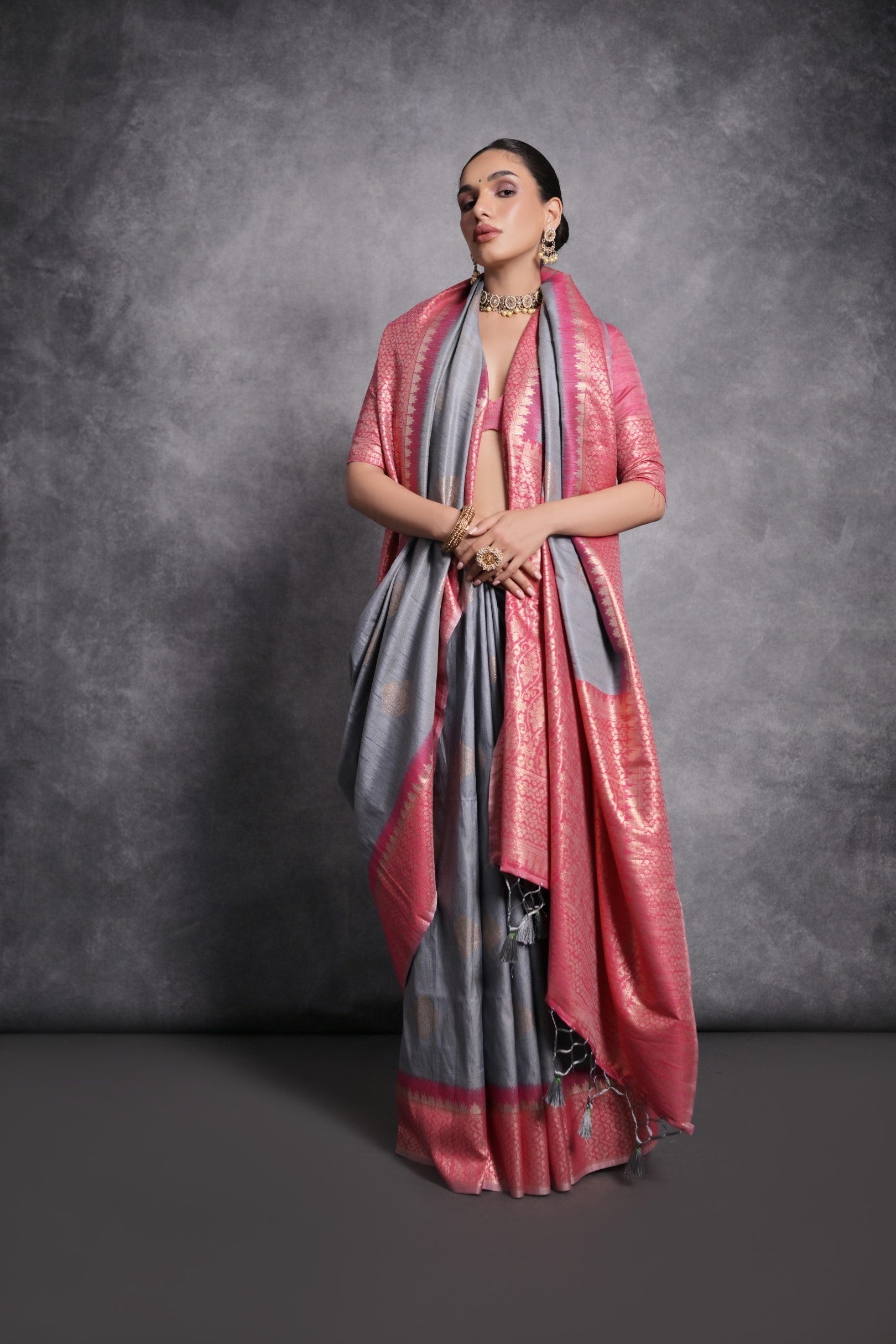 Mountain Mist Grey Tussar Temple Border Silk Saree