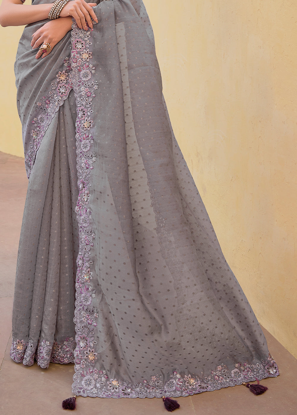 Hurricane Grey Tissue Organza Embroidered Silk Saree