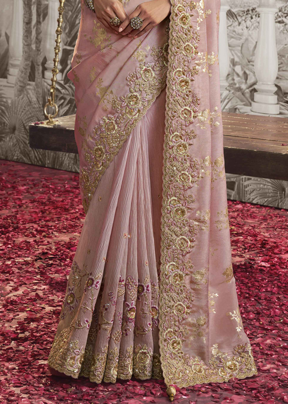 Crepe Pink Embroidered Designer Silk Saree