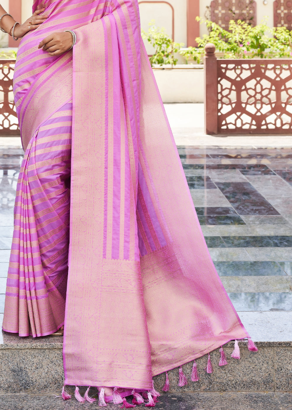 Shocking Pink Woven Lehriya Georgette Saree