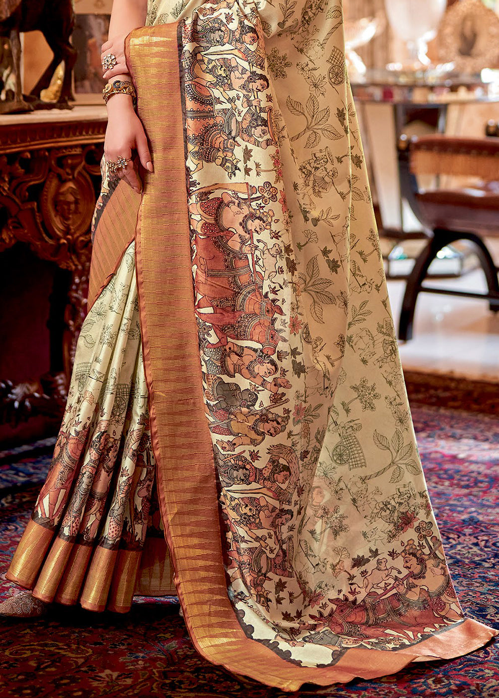 Akaroa Cream and Orange  Manipuri Temple Border Printed Silk Saree