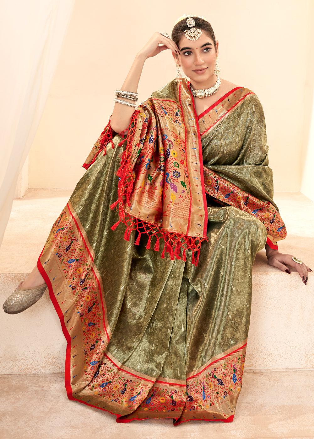 Limed Oak Green Woven Paithani Tissue Silk Saree