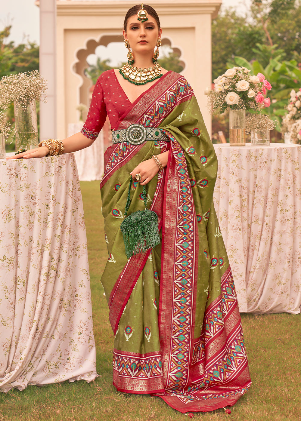 Limed Oak Green Printed Patola Designer Silk Saree