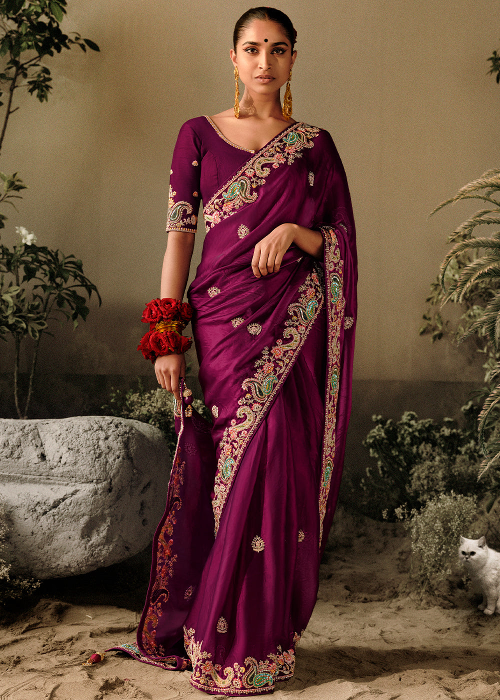 Claret Purple Embroidery Designer Banarasi Dola Silk Saree