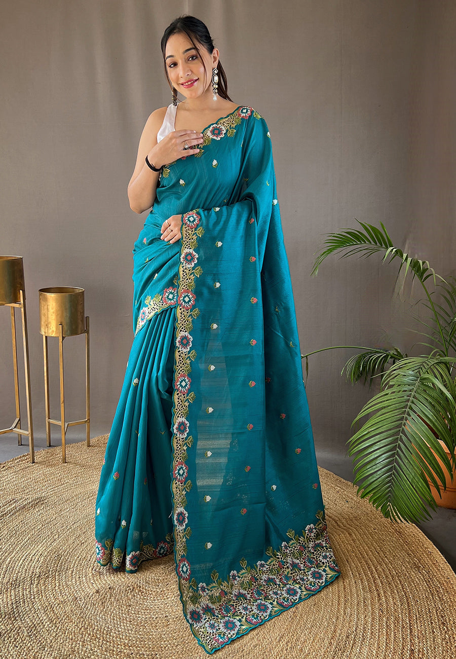 Pacific Blue Embroidered Tussar Silk Saree