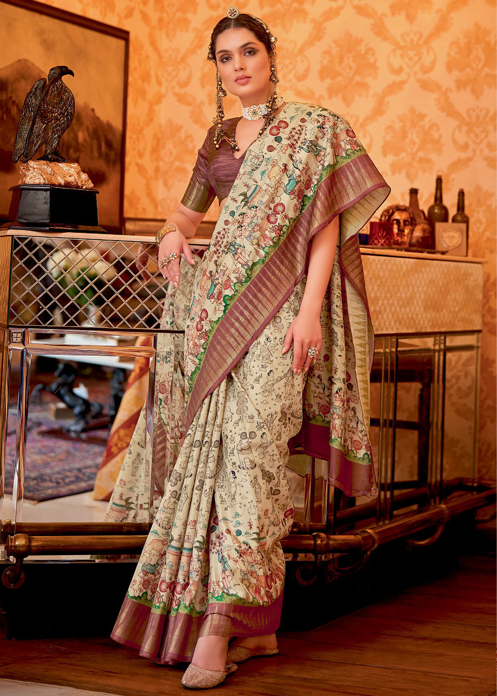 Bone Cream and Brown Manipuri Temple Border Printed Silk Saree