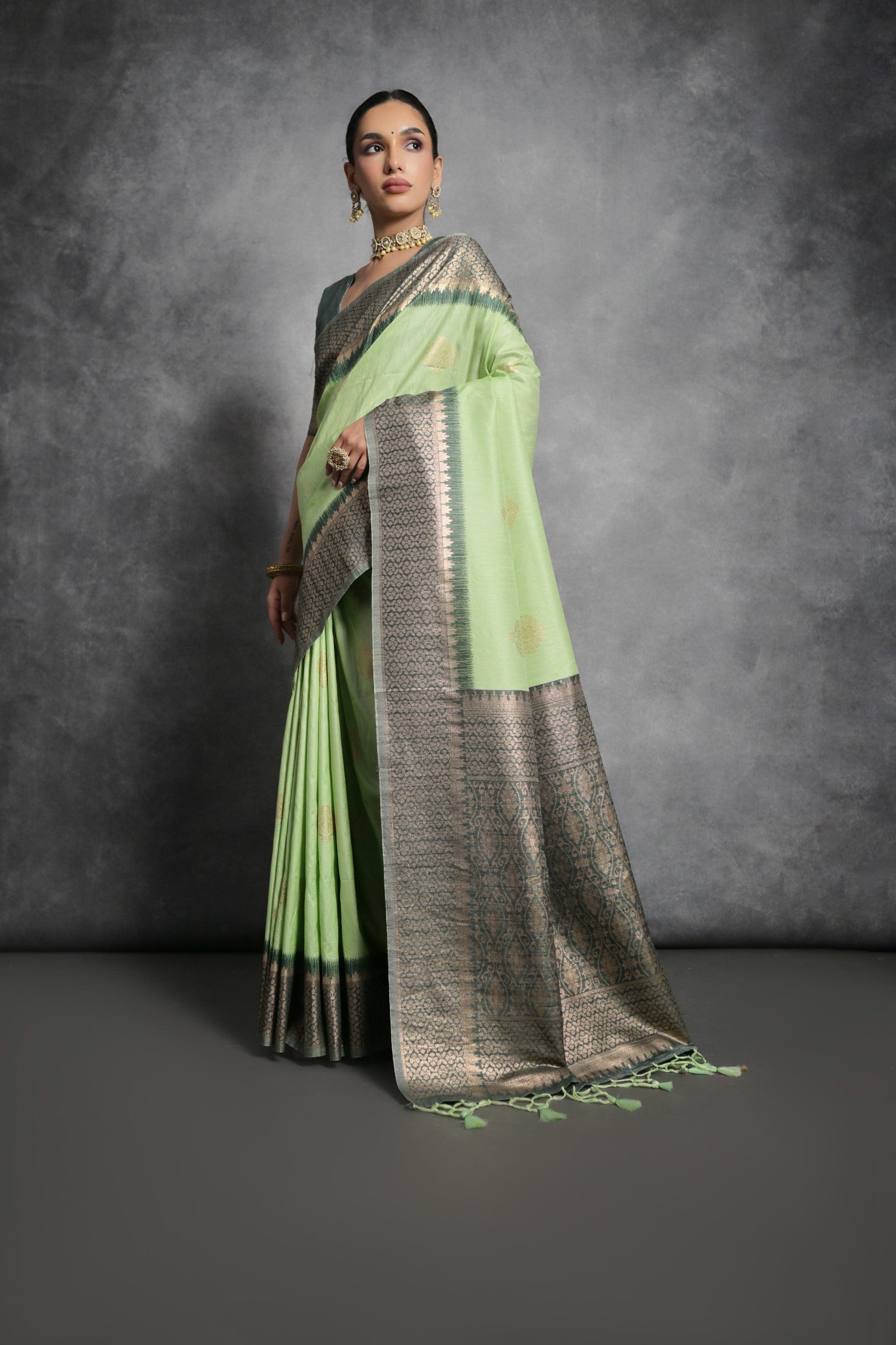 Coriander Green Tussar Temple Border Silk Saree