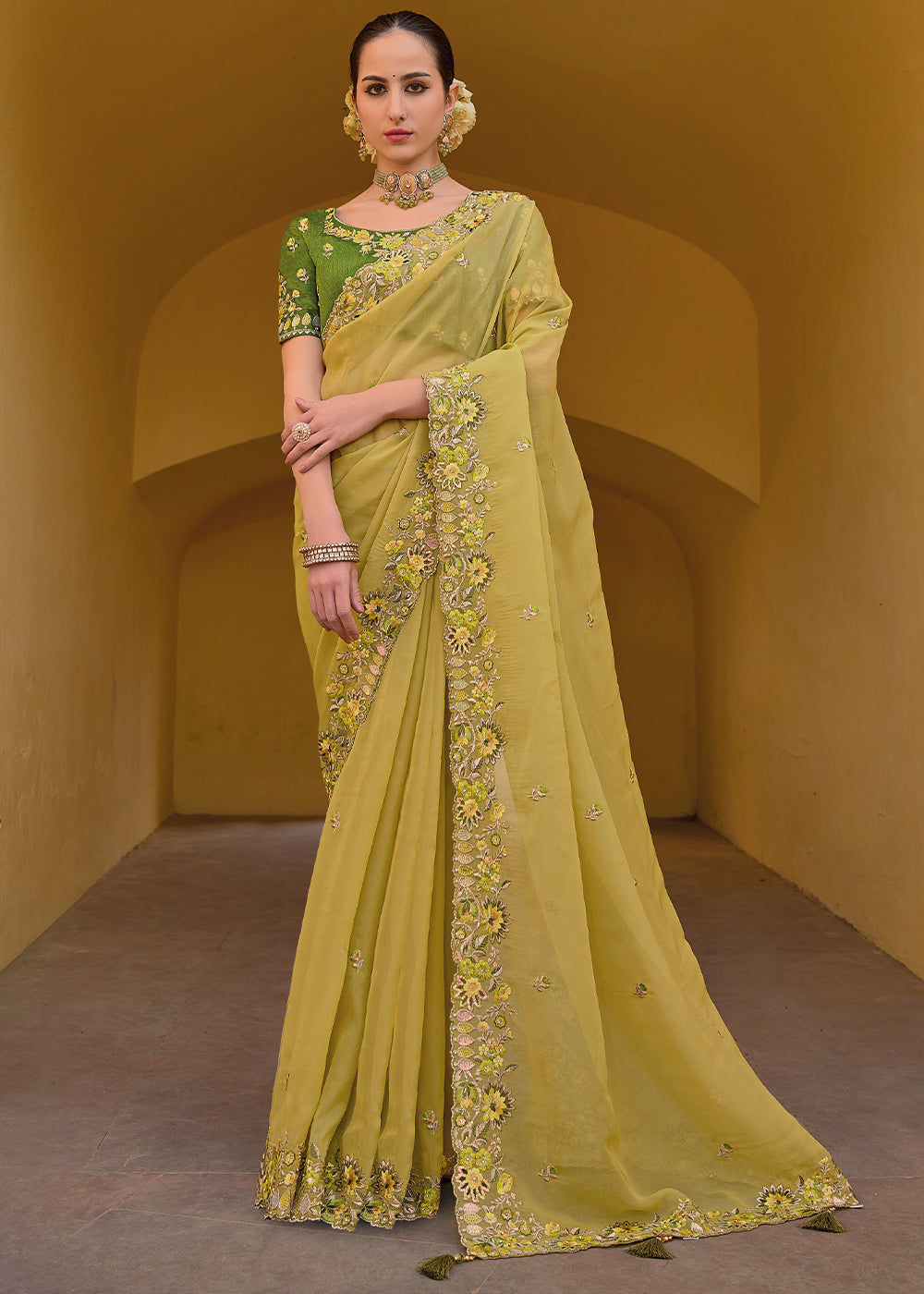 Husk Yellow Tissue Organza Embroidered Silk Saree