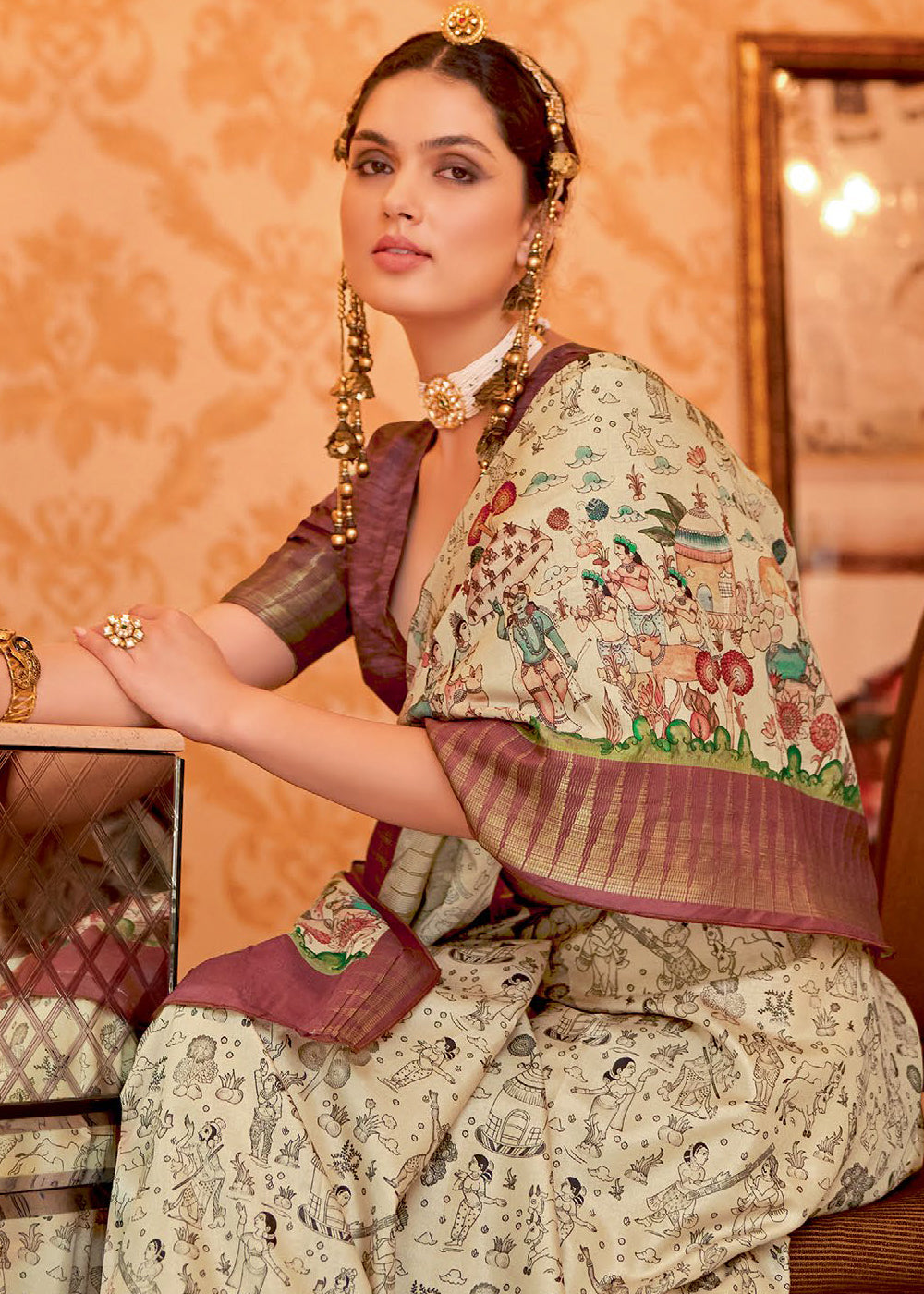 Bone Cream and Brown Manipuri Temple Border Printed Silk Saree