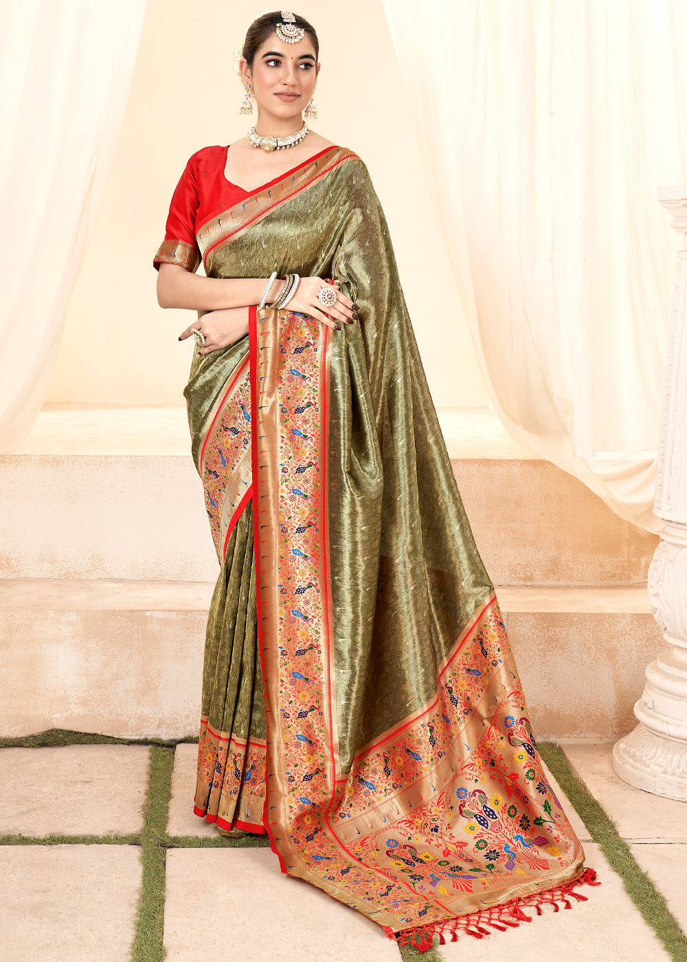 Limed Oak Green Woven Paithani Tissue Silk Saree