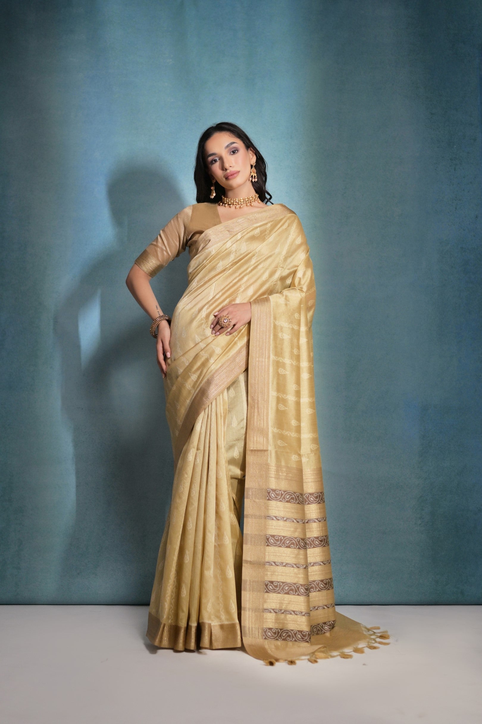 Laser Yellow Ikkat Woven Raw Silk Saree