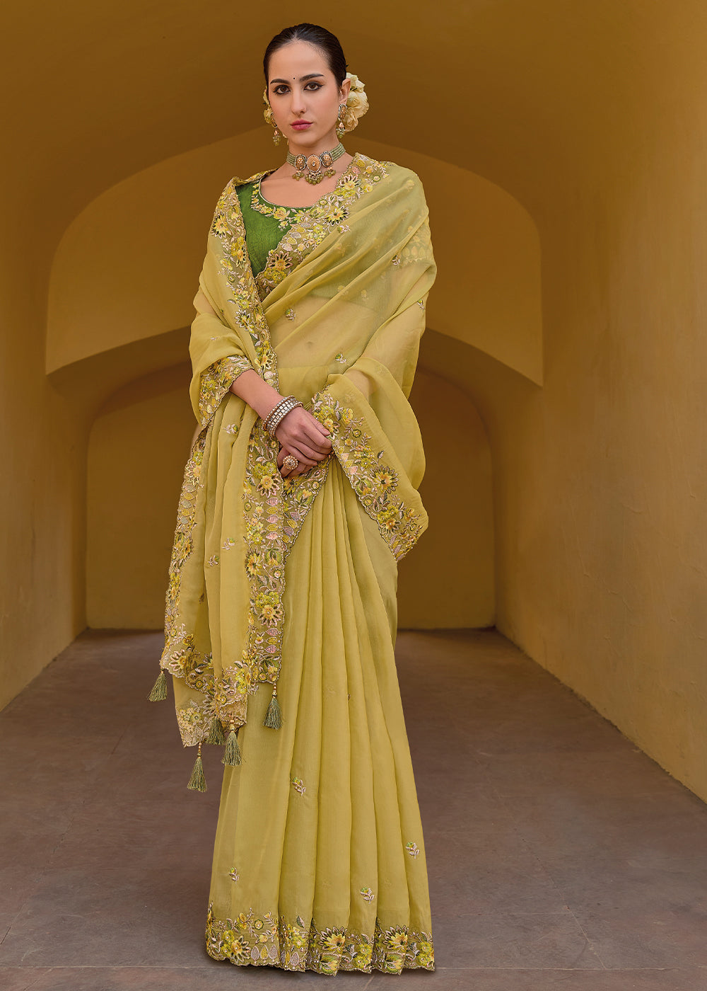 Husk Yellow Tissue Organza Embroidered Silk Saree