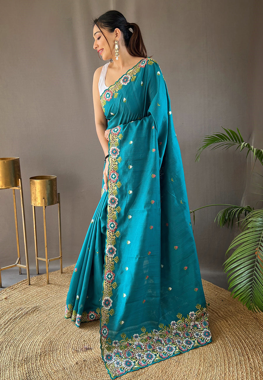 Pacific Blue Embroidered Tussar Silk Saree