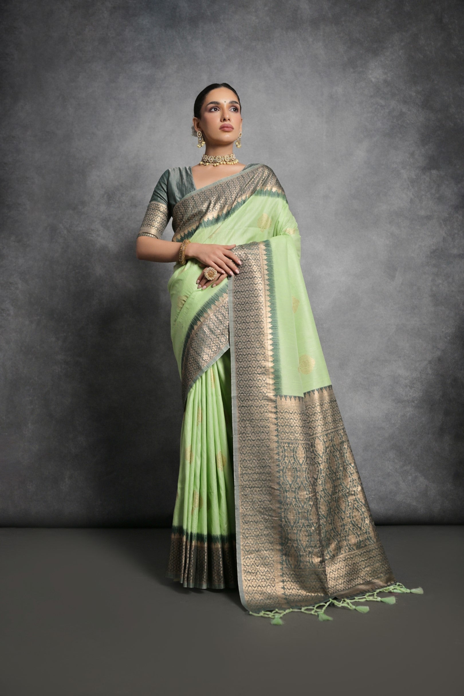 Coriander Green Tussar Temple Border Silk Saree