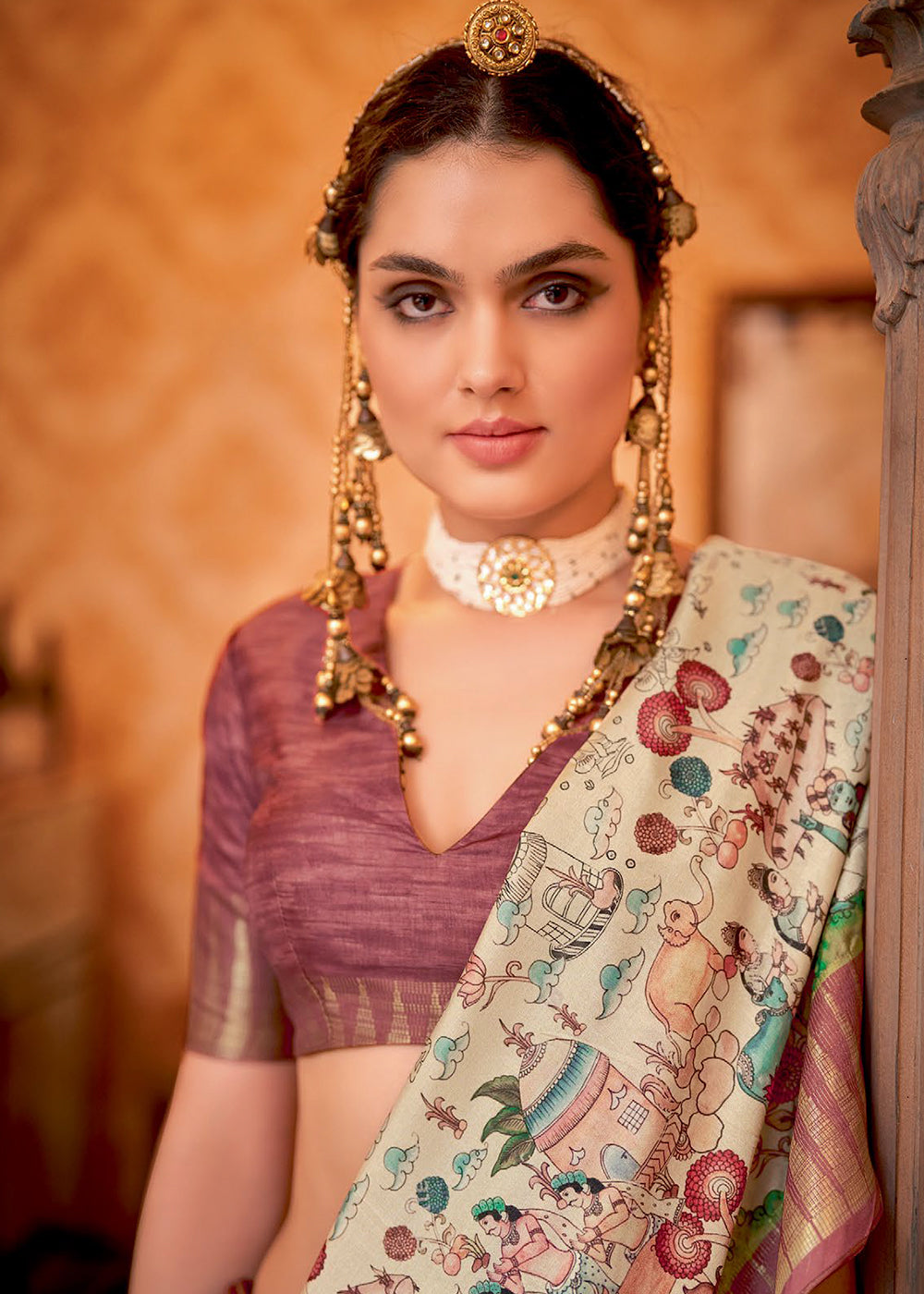 Bone Cream and Brown Manipuri Temple Border Printed Silk Saree