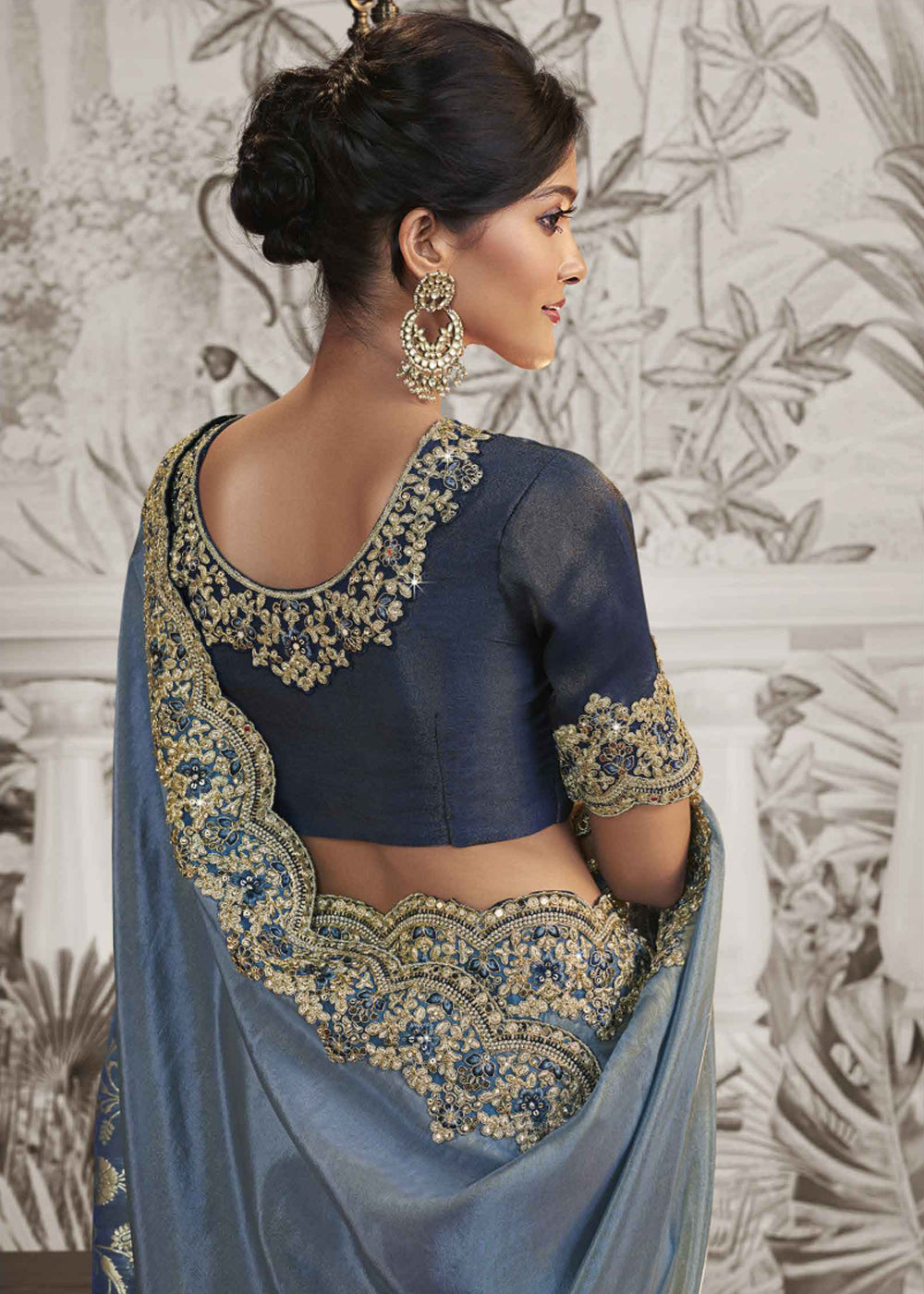 Lapis Blue Embroidered Designer Silk Saree