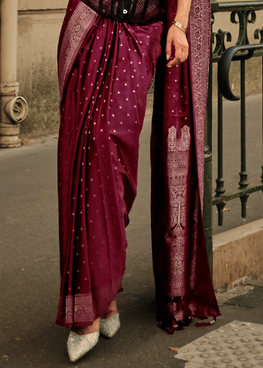 Crown Of Thorns Maroon Woven Banarasi Satin Silk Saree