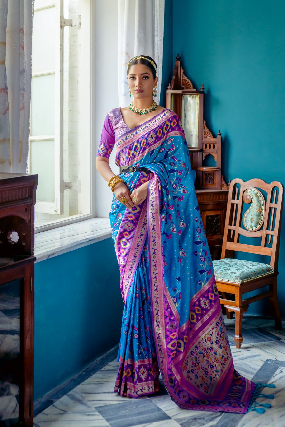 Cobalt Blue Patola Fusion Paithani Silk Saree