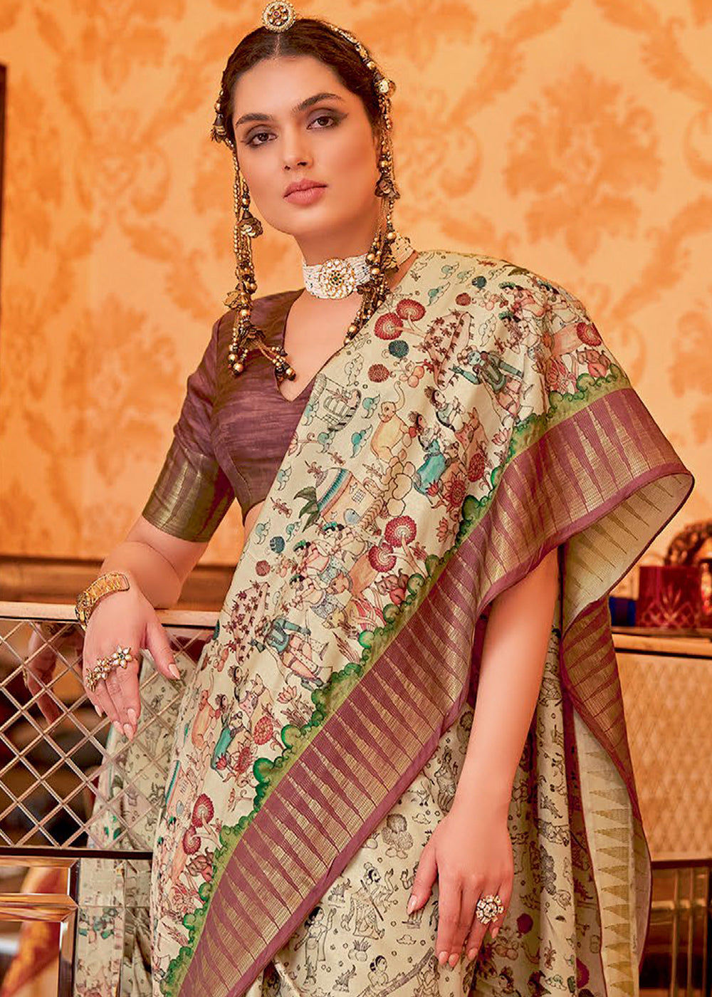 Bone Cream and Brown Manipuri Temple Border Printed Silk Saree