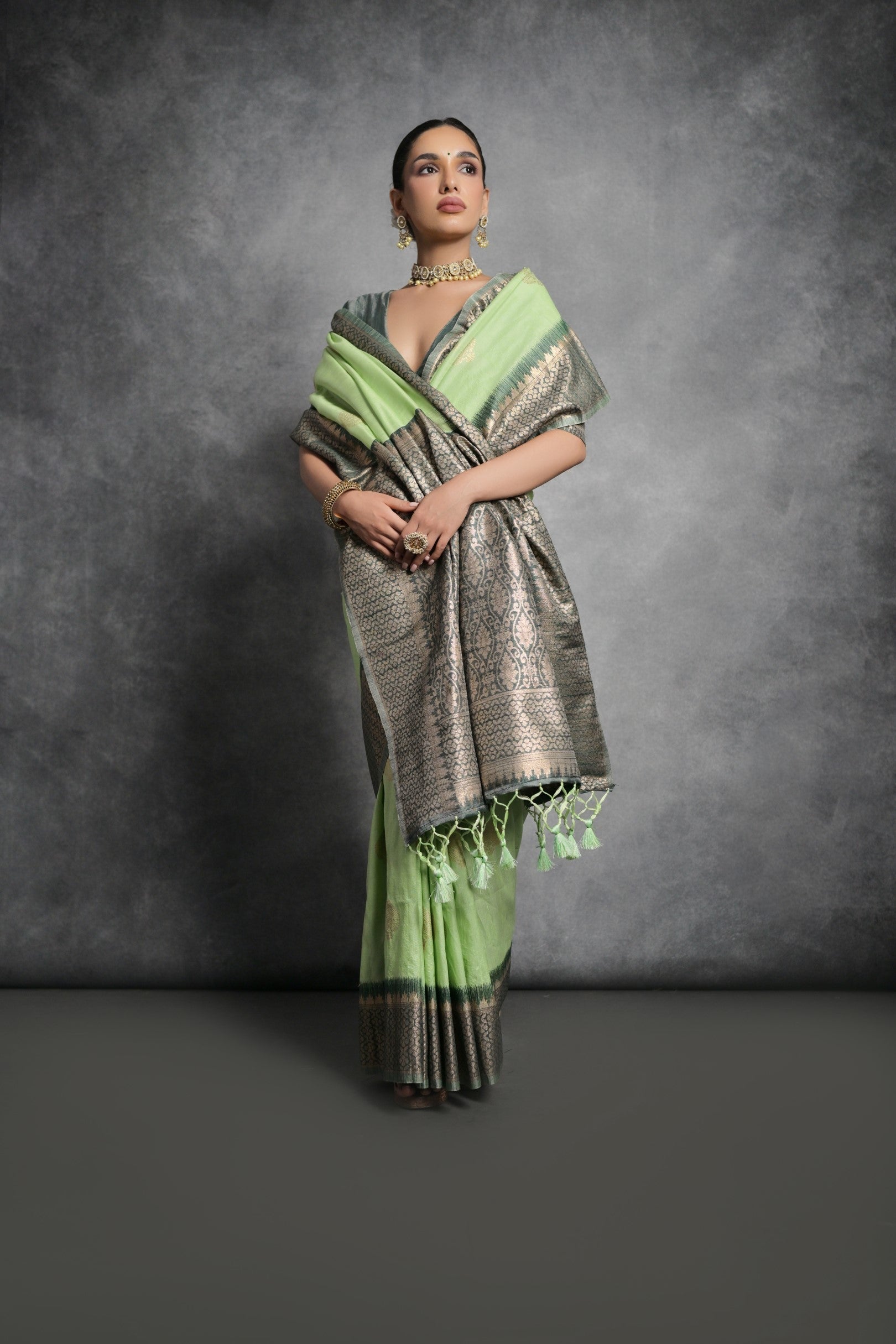 Coriander Green Tussar Temple Border Silk Saree