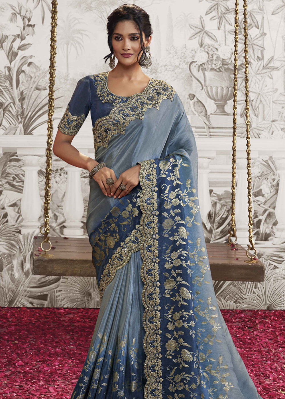 Lapis Blue Embroidered Designer Silk Saree