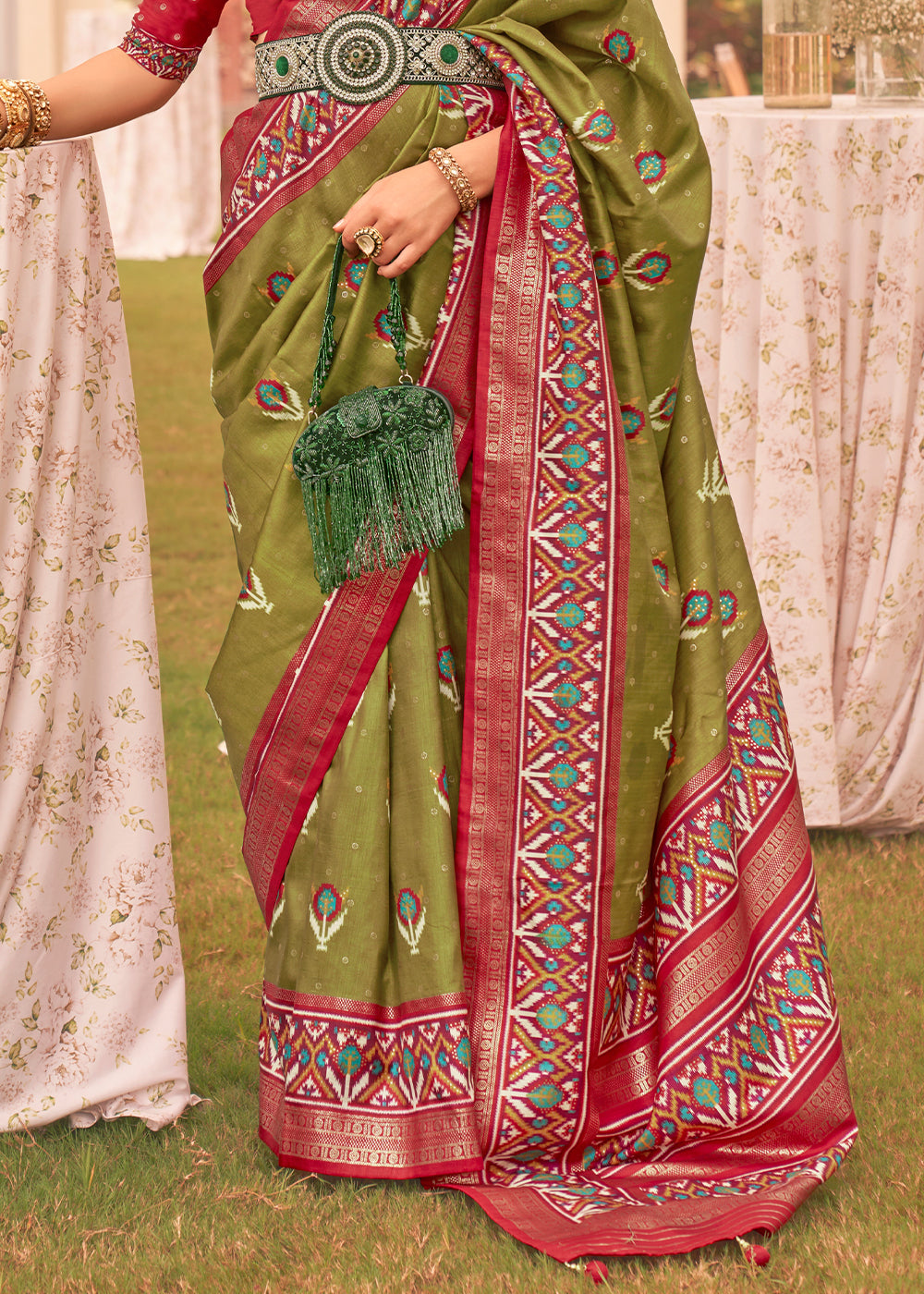 Limed Oak Green Printed Patola Designer Silk Saree