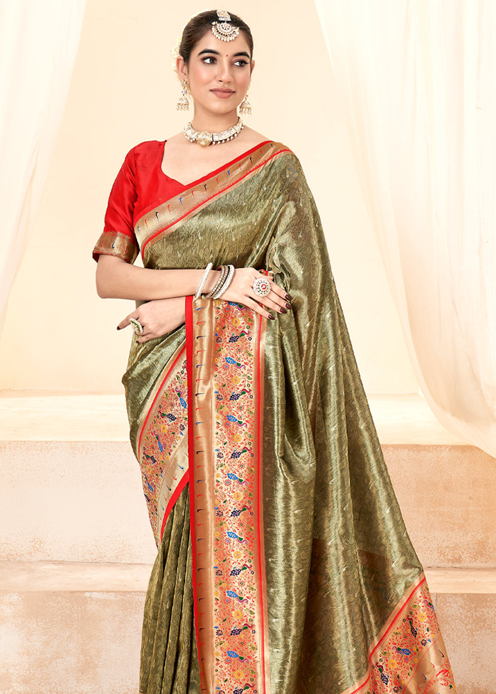 Limed Oak Green Woven Paithani Tissue Silk Saree