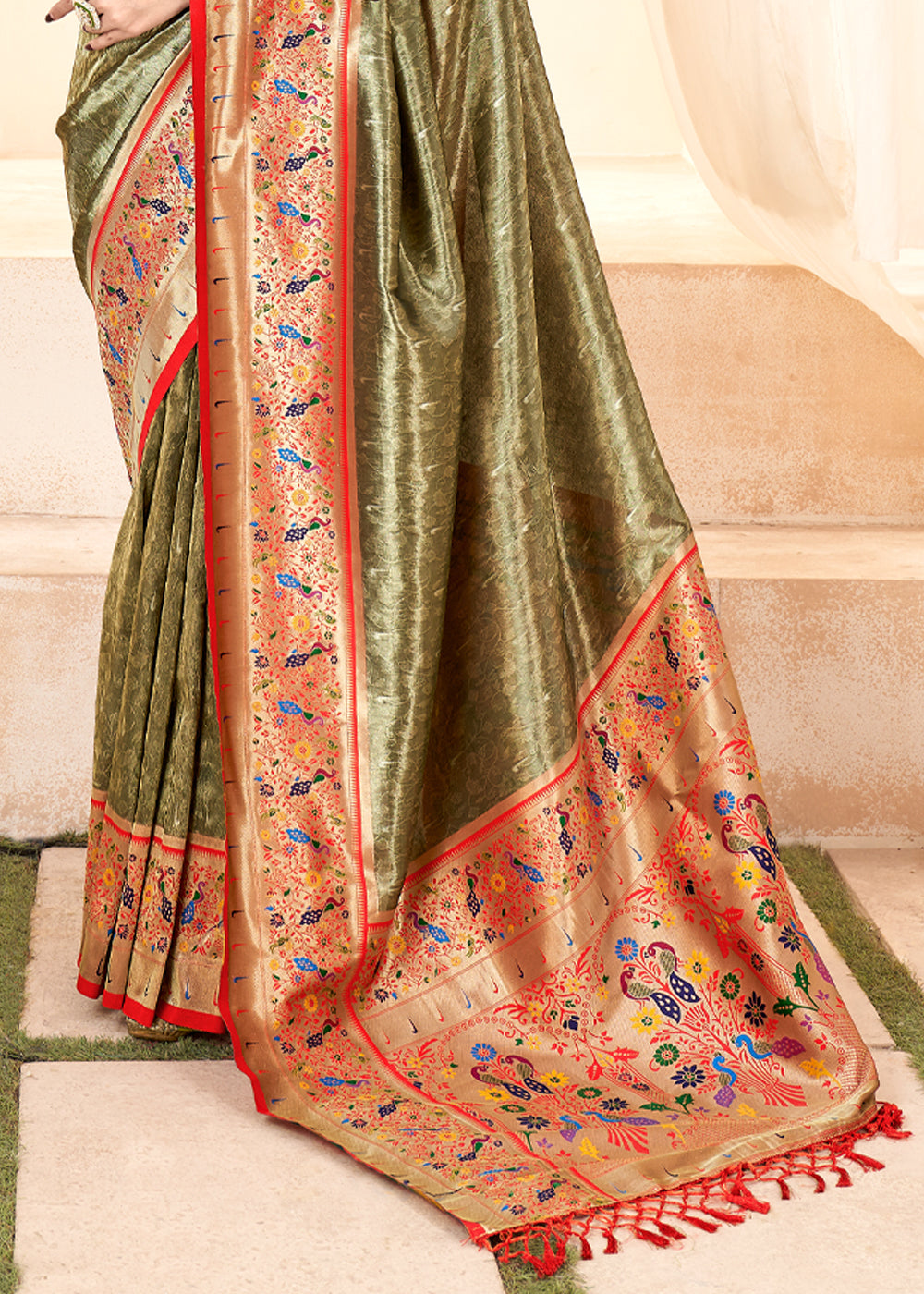 Limed Oak Green Woven Paithani Tissue Silk Saree