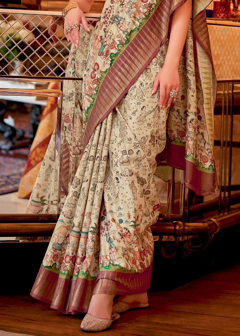 Bone Cream and Brown Manipuri Temple Border Printed Silk Saree