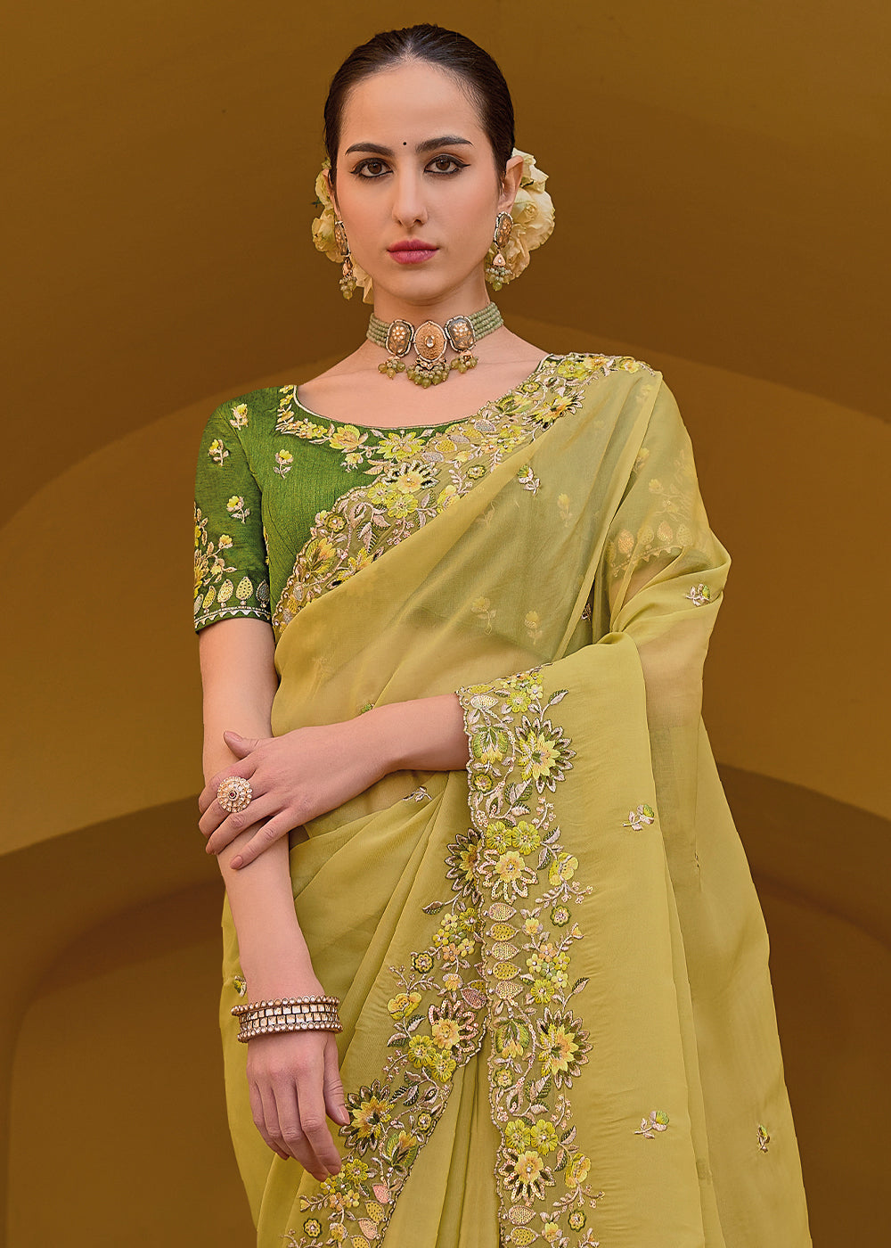 Husk Yellow Tissue Organza Embroidered Silk Saree