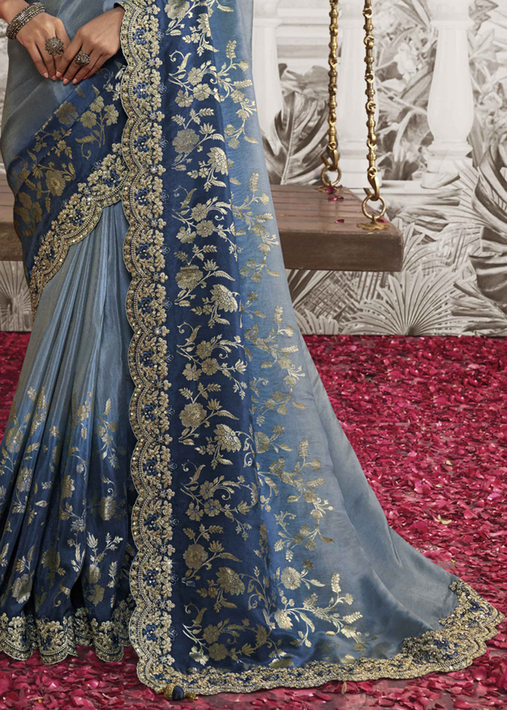 Lapis Blue Embroidered Designer Silk Saree