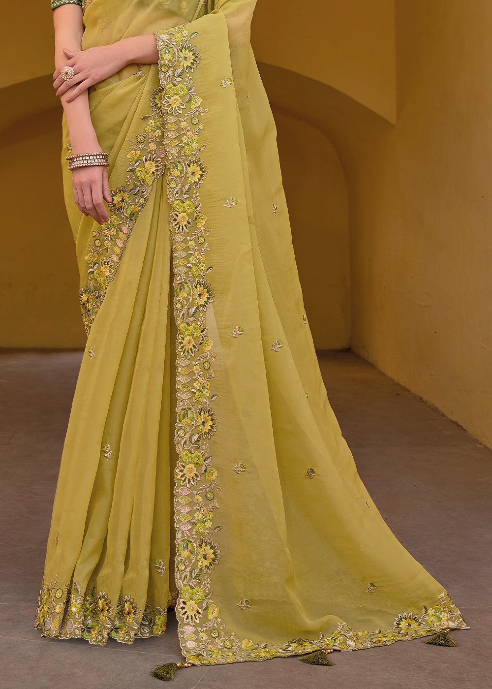 Husk Yellow Tissue Organza Embroidered Silk Saree