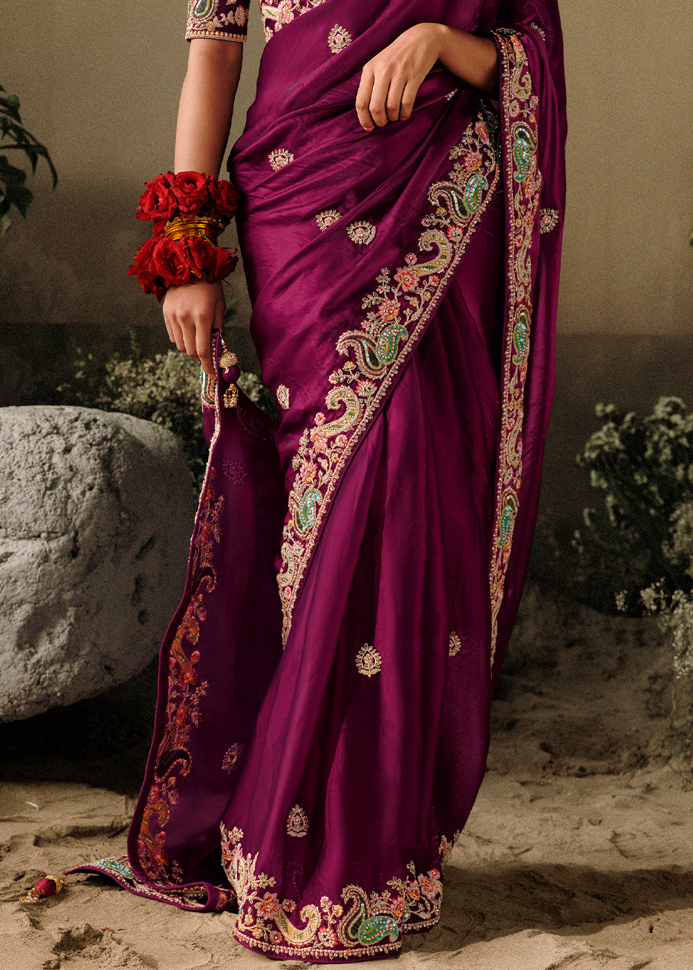 Claret Purple Embroidery Designer Banarasi Dola Silk Saree