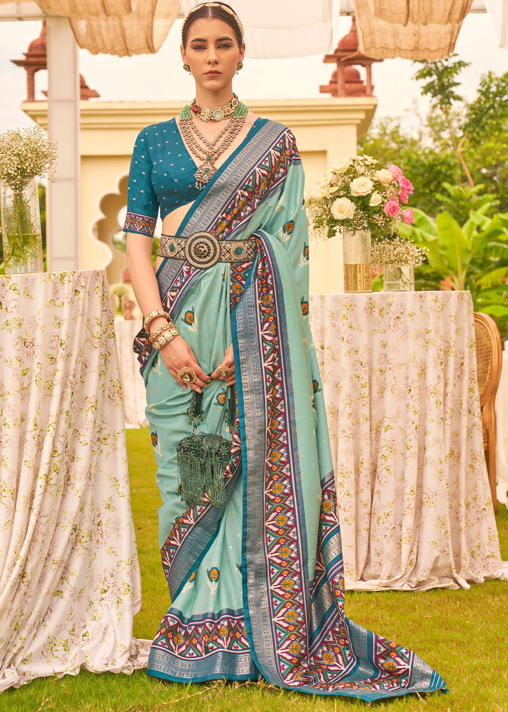 Envy Blue Printed Patola Designer Silk Saree