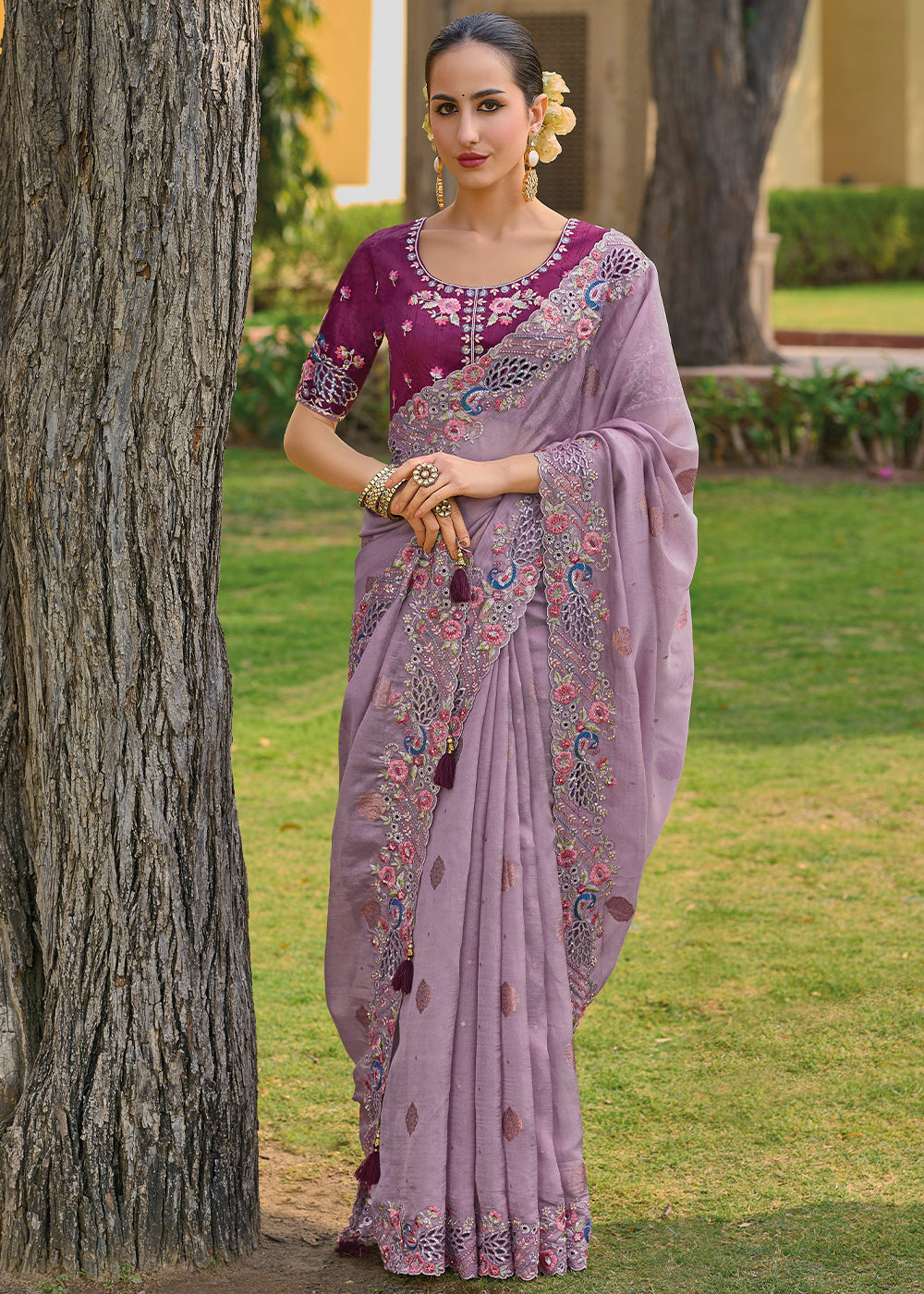 Falcon Purple Tissue Organza Embroidered Silk Saree