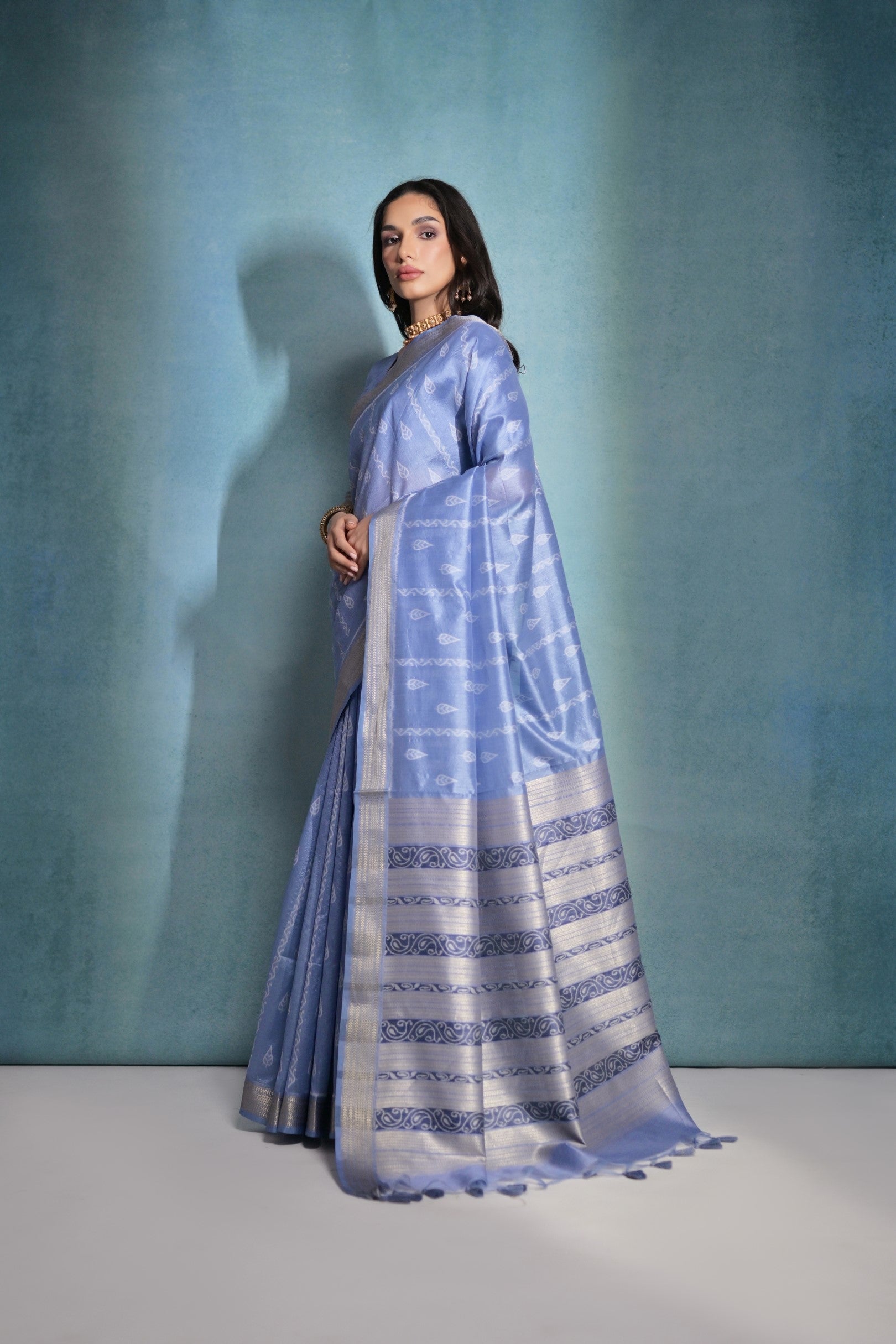 Polo Blue Ikkat Woven Raw Silk Saree