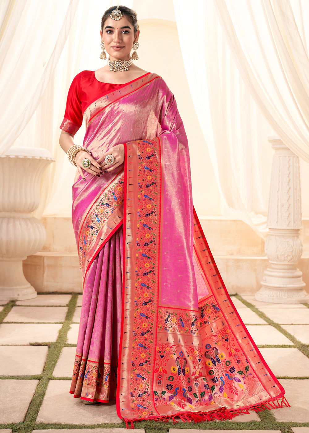 Chestnut Rose Pink Woven Paithani Tissue Silk Saree