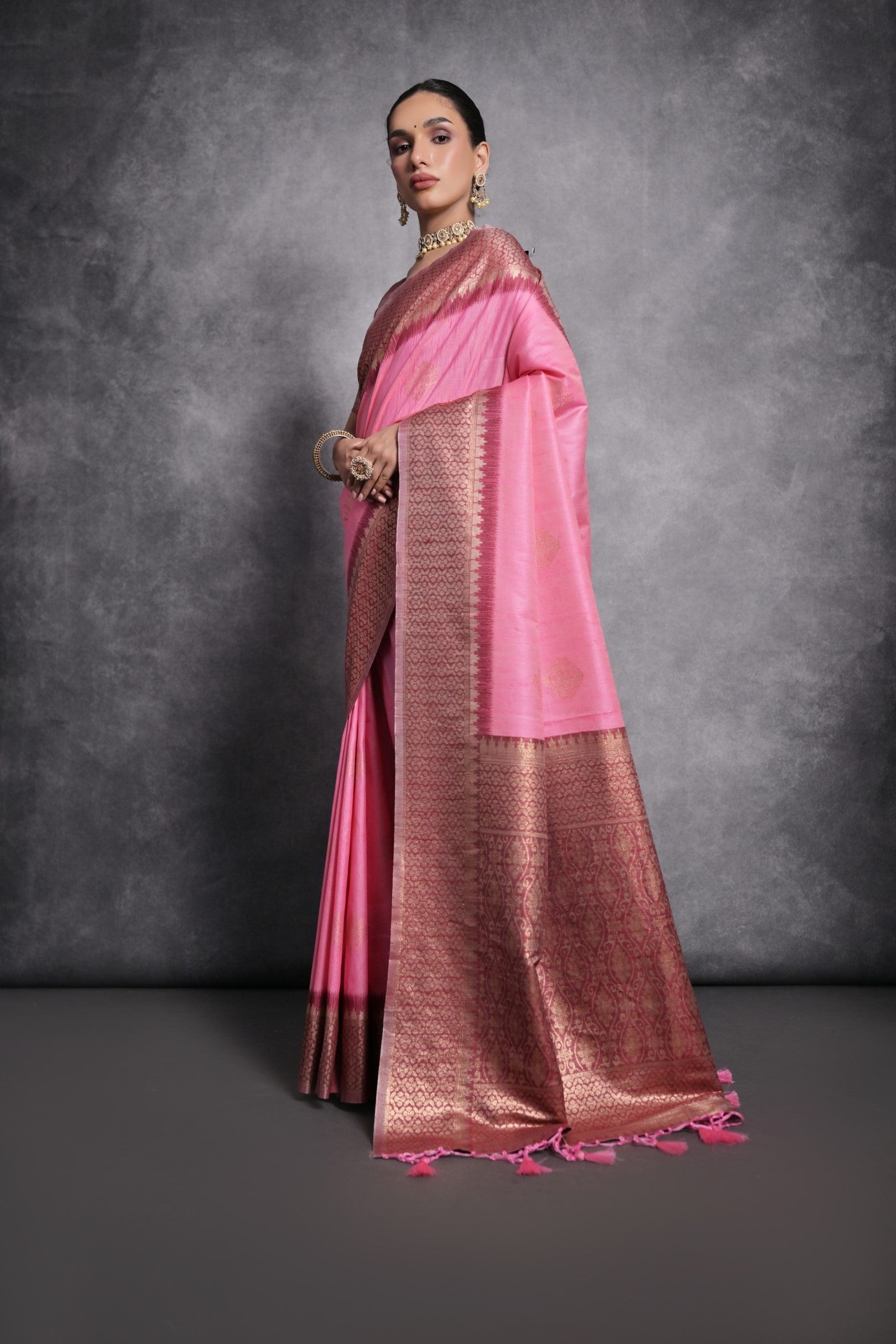 Shocking Pink Tussar Temple Border Silk Saree