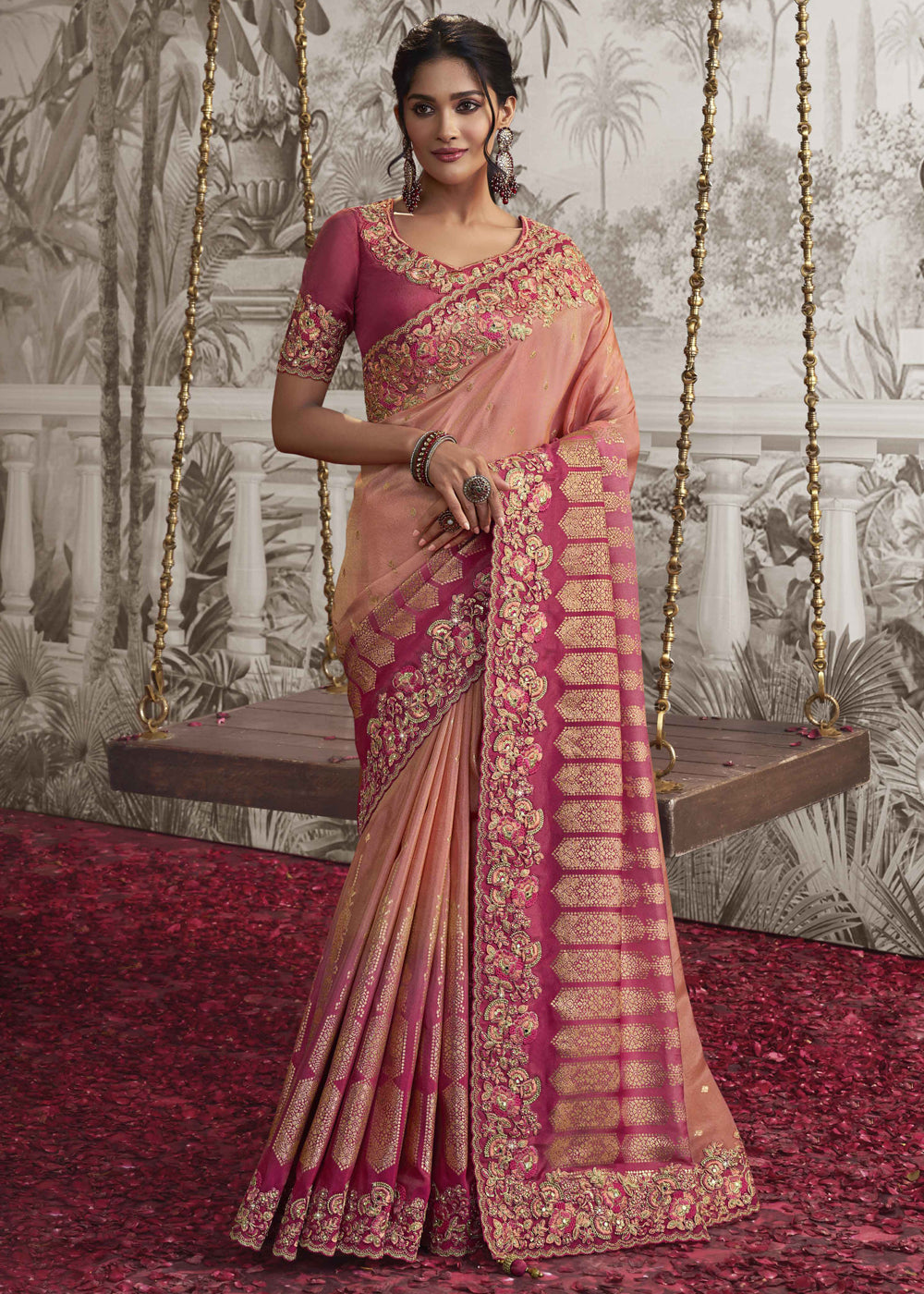 Pastel Candy Pink Embroidered Designer Silk Saree