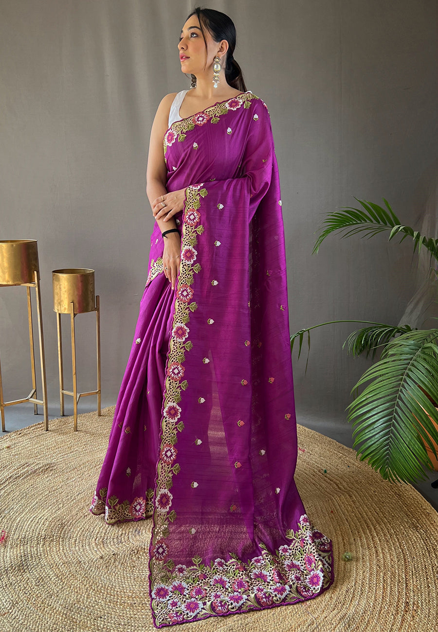 Mulberry Wood Purple Embroidered Tussar Silk Saree